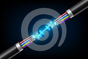 Creative vector illustration of electric glowing lightning between colored break cable, copper wires with circuit sparks