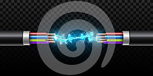 Tvorivé vektor ilustrácie z elektrický řeřavý blesk medzi farebný rozbiť kábel meď vodiče obvod iskry 