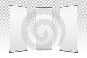 Creative vector illustration of empty roll up banners with paper canvas texture isolated on transparent background. Art design bla