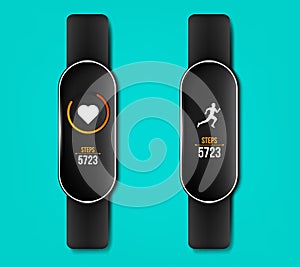 Creative vector illustration of fitness counter run app in phone and wrist band bracelet, activity tracker isolated on