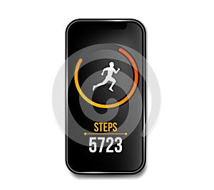 Creative vector illustration of fitness counter run app in phone and wrist band bracelet, activity tracker isolated on photo