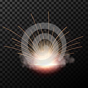 Creative vector illustration flash of electric welding metal fire with sparks isolated on transparent background. Art