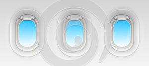 Creative vector illustration of flight airplane window, blank plane portholes isolated on transparent background. Art