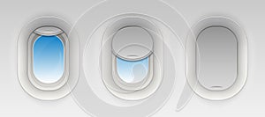 Creative vector illustration of flight airplane window, blank plane portholes isolated on transparent background. Art