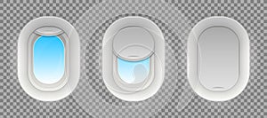 Creative vector illustration of flight airplane window, blank plane portholes isolated on transparent background. Art