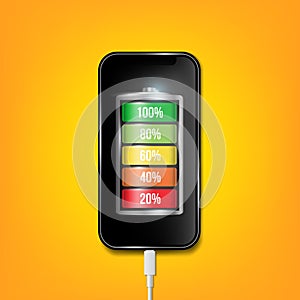 Creative vector illustration of full charged battery smartphone with cellphone usb plugs cable isolated on background