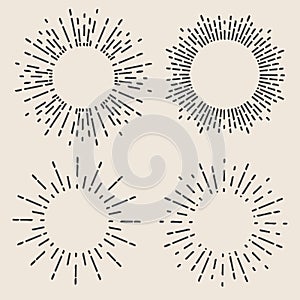 Creative vector illustration of geometric hand drawn sun beams isolated on background. Art design linear sunlight waves, shining l