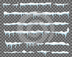 Creative vector illustration of ice icicle, caps, snowflakes set isolated on background. Winter snow clouds template art