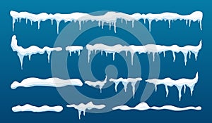 Creative vector illustration of ice icicle, caps, snowflakes set isolated on background. Winter snow clouds template art