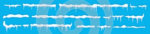 Creative vector illustration of ice icicle, caps, snowflakes set isolated on background. Winter snow clouds template art