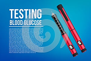 Creative vector illustration of insuline pens equipment and glucose level blood test for diabetics on background. Art