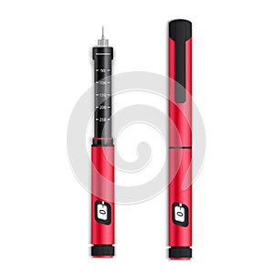 Creative vector illustration of insuline pens equipment and glucose level blood test for diabetics on background. Art