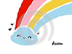 Creative vector illustration of kawaii rain cloud with rainbow. Funny design for cute greeting card or cool poster