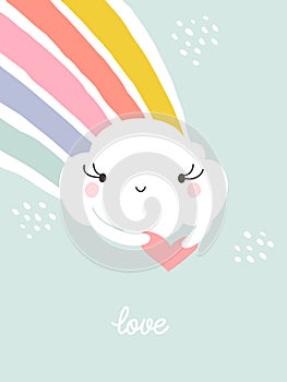 Creative vector illustration of kawaii rain cloud with rainbow. Funny design for cute greeting card or pretty poster