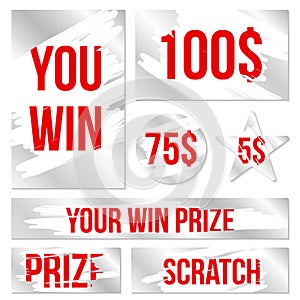 Creative vector illustration of lottery scratch and win game card isolated on background. Coupon luck or lose chance. Art design r