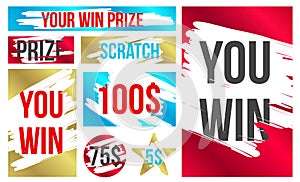 Creative vector illustration of lottery scratch and win game card isolated on background. Coupon luck or lose chance. Art design r