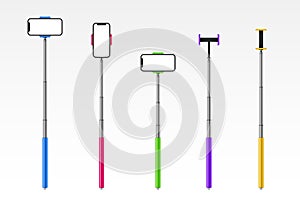 Creative vector illustration of monopod selfie stick with phone, smartphone isolated on transparent background. Art