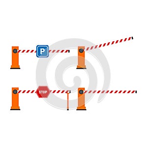 Creative vector illustration of open, closed parking car barrier gate set with stop