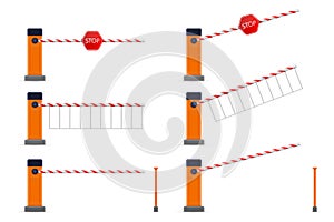 Creative vector illustration of open, closed parking car barrier gate set with stop sign isolated on transparent