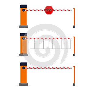 Creative vector illustration of open, closed parking car barrier gate set with stop sign isolated on transparent