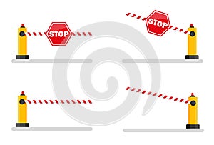 Creative vector illustration of open, closed parking car barrier gate set with stop sign isolated on transparent background. Art