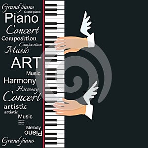 Creative vector illustration with a piano keyboard and winged musician hands isolated on a black background.