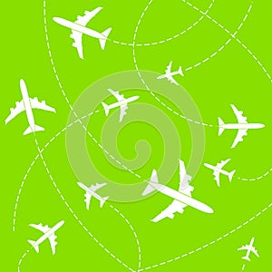 Creative vector illustration of plane with dashed path lines isolated on background. Art design airplane sky route