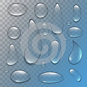 Creative vector illustration of pure clear water rain drops isolated on transparent background. Realistic clear vapor bubbles art