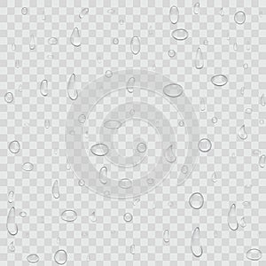 Creative vector illustration of pure clear water rain drops isolated on transparent background. Realistic clear vapor bubbles art