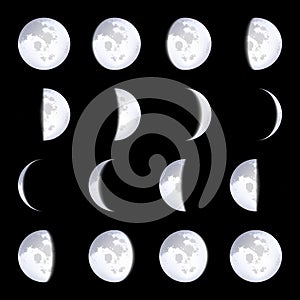 Creative vector illustration of realistic moon phases schemes isolated on transparent background. Art design lunar calendar. Diffe photo