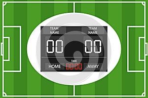 Creative vector illustration of soccer, football mechanical scoreboard. Stadium electronic sports scoreboard with soccer time and