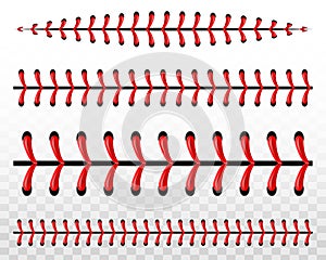 Creative vector illustration of sports baseball ball stitches, red lace seam isolated on transparent background. Art