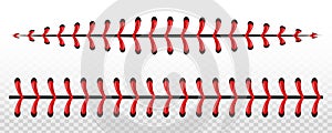 Creative vector illustration of sports baseball ball stitches, red lace seam isolated on transparent background. Art