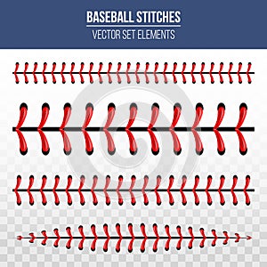 Creative vector illustration of sports baseball ball stitches, red lace seam isolated on transparent background. Art design thread