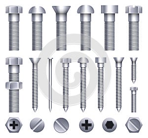 Creative vector illustration of steel brass bolts, metal screws, iron nails, rivets, washers, nuts hardware side view