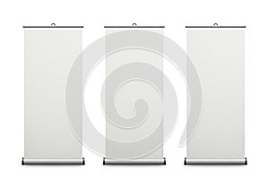 Creative vector illustration of three blank roll banners with textured paper canvas isolated on white background. Art design blank