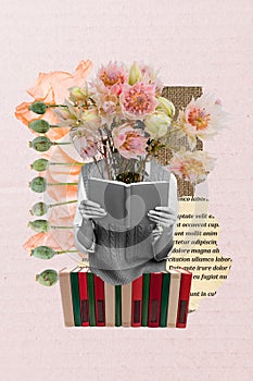 Creative vertical artwork collage of headless woman reading flowers encyclopedia library studying isolated on pink color