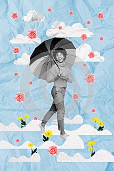 Creative vertical collage picture young girl walk under rain parasol cover falling flowers beauty springtime blossom sky