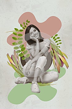 Creative vertical collage poster sitting young smiling happy woman positive healthy mental care harmony drawing