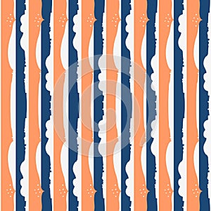Creative vertical seamless pattern with orange and blue stripes and little stars on white background