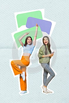 Creative vertical template advertisement collage of two young girls communicating new whatsapp messenger update app