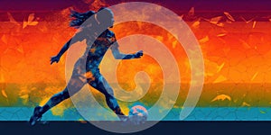 Creative vibrant female football player silhouette background wallpaper. Concept design for FIFA Womens World Cup football