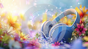 Creative and vibrant World Music Day background, featuring a headphones and summer flowers