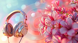 Creative and vibrant World Music Day background, featuring a wired headphones and beautiful flowers