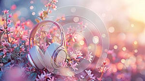 Creative and vibrant World Music Day background, featuring a wireless headphones and beautiful flowers