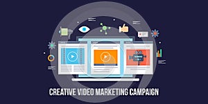 Creative video production, video marketing campaign, social media advertising concept. Flat design vector banner.