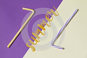 Creative view of drinking straws for party on a two-tone background - ultra violet and yellow. Complementary colors.