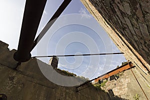 Creative view from within the remaining walls and structure of the crushing house at the now unused brickworks at Porthwen