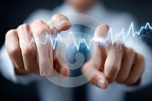 Creative visualization of digital data manipulation with two hands in focus