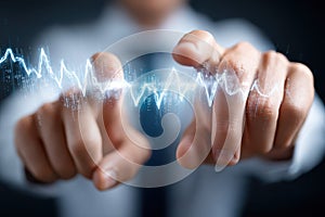 Creative visualization of digital data manipulation with two hands in focus